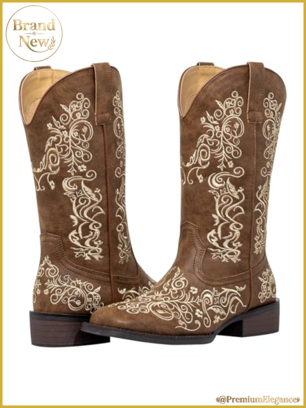 SheSole Women Cowboy Boots Floral Embroidered Square Toe Block Heel Mid Calf